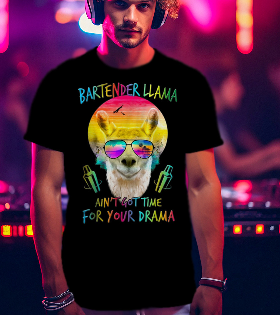 Bartender Llama Ain't Got Time For Your Drama Retro Sunset Vibes T-Shirt