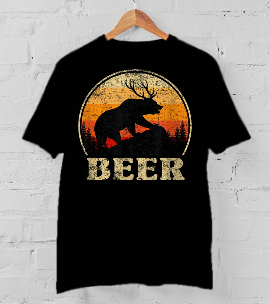 Bear Deer Beer Retro Vintage Silhouette Forest Sunset T-Shirt