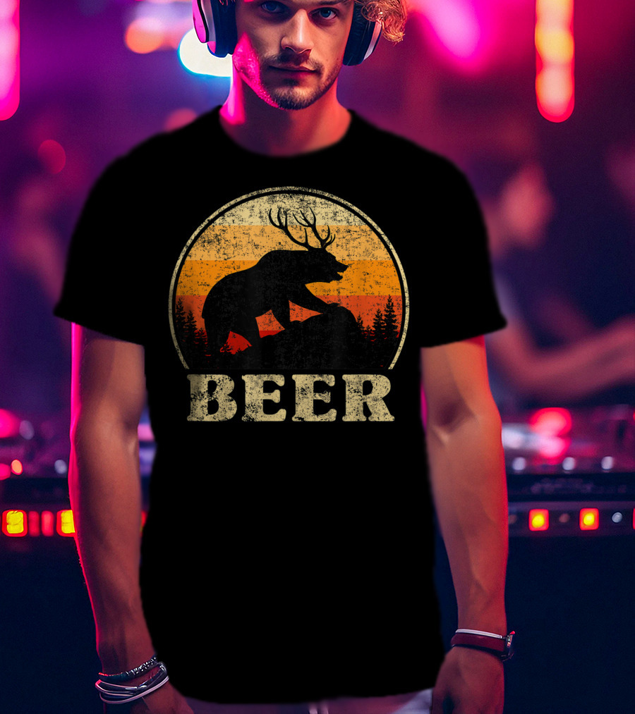 Bear Deer Beer Retro Vintage Silhouette Forest Sunset T-Shirt