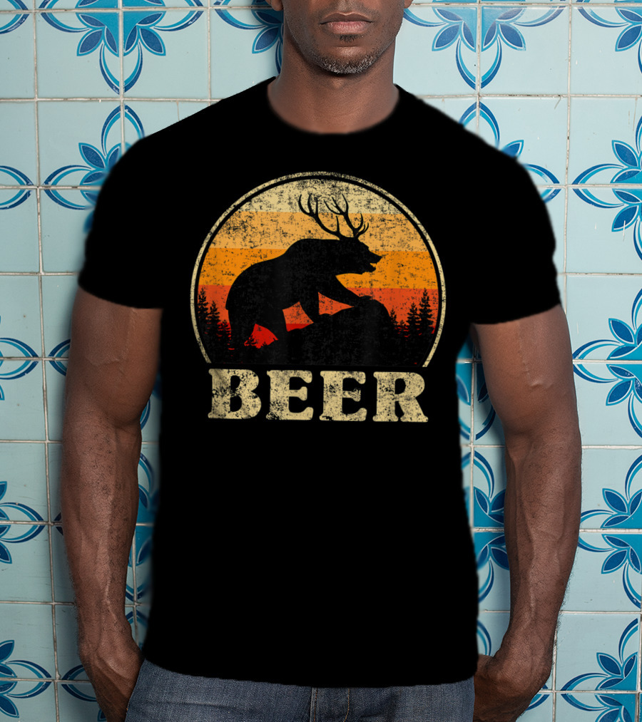 Bear Deer Beer Retro Vintage Silhouette Forest Sunset T-Shirt