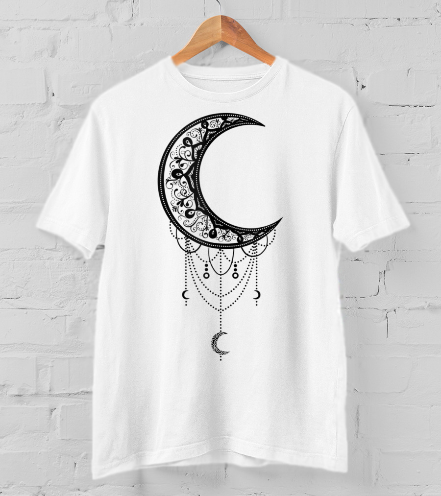 Beautiful Black Crescent Moon Dreamcatcher Design With Intricate Patterns And Hanging Beads T-Shirt