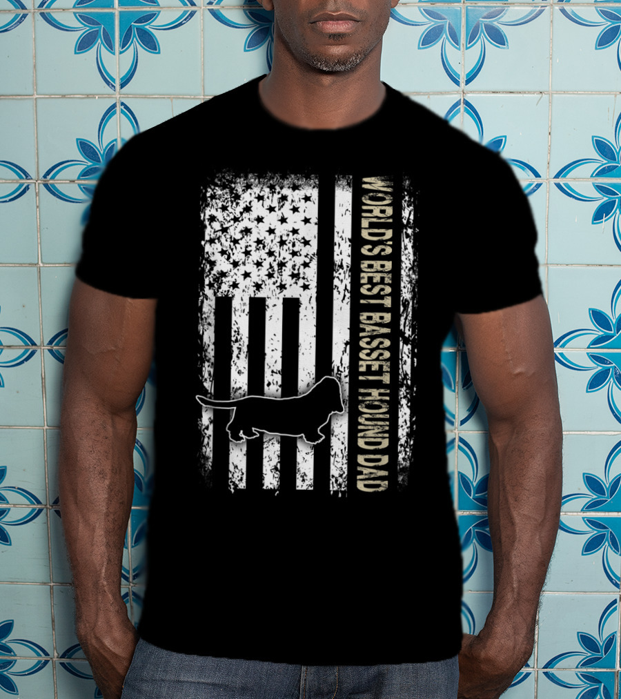 World's Best Basset Hound Dad Patriotic USA Flag T-Shirt