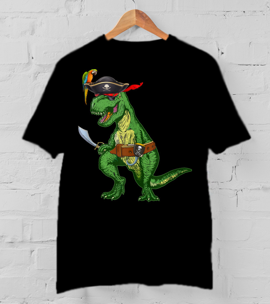 Boys Kids Dinosaur T-Rex Pirate With Parrot And Sword T-Shirt