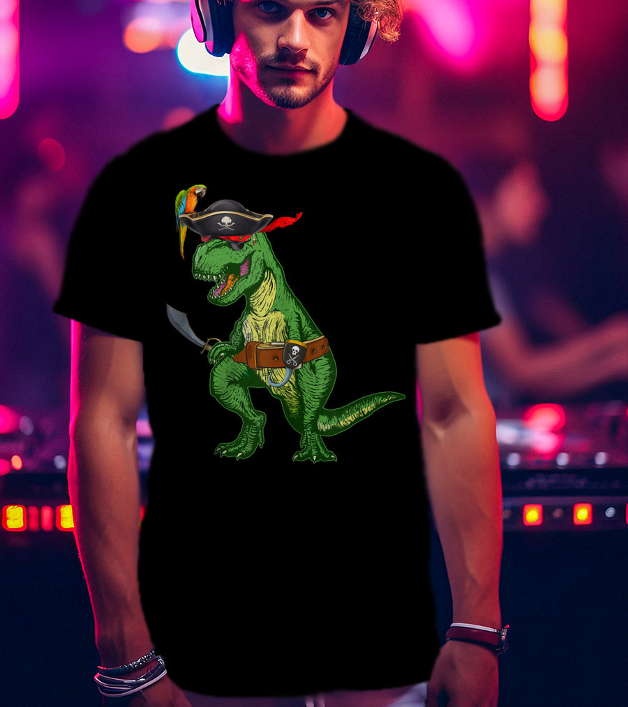 Boys Kids Dinosaur T-Rex Pirate With Parrot And Sword T-Shirt