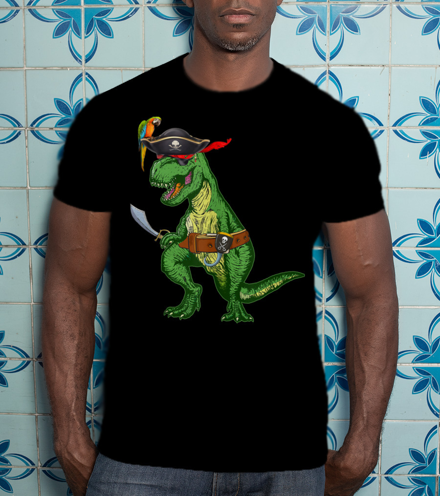Boys Kids Dinosaur T-Rex Pirate With Parrot And Sword T-Shirt