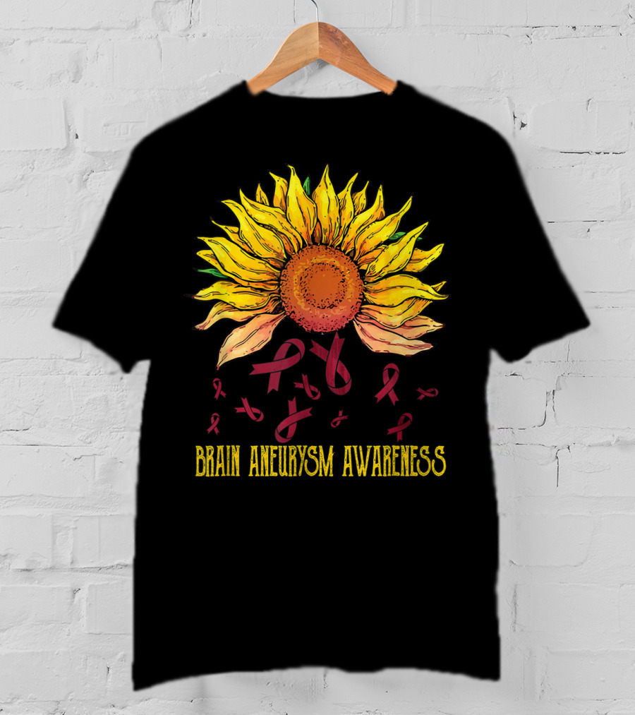 Brain Aneurysm Awareness Sunflower With Yellow Sunflower And Red Ribbons T-Shirt