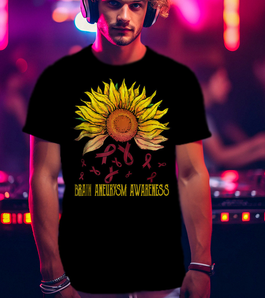 Brain Aneurysm Awareness Sunflower With Yellow Sunflower And Red Ribbons T-Shirt
