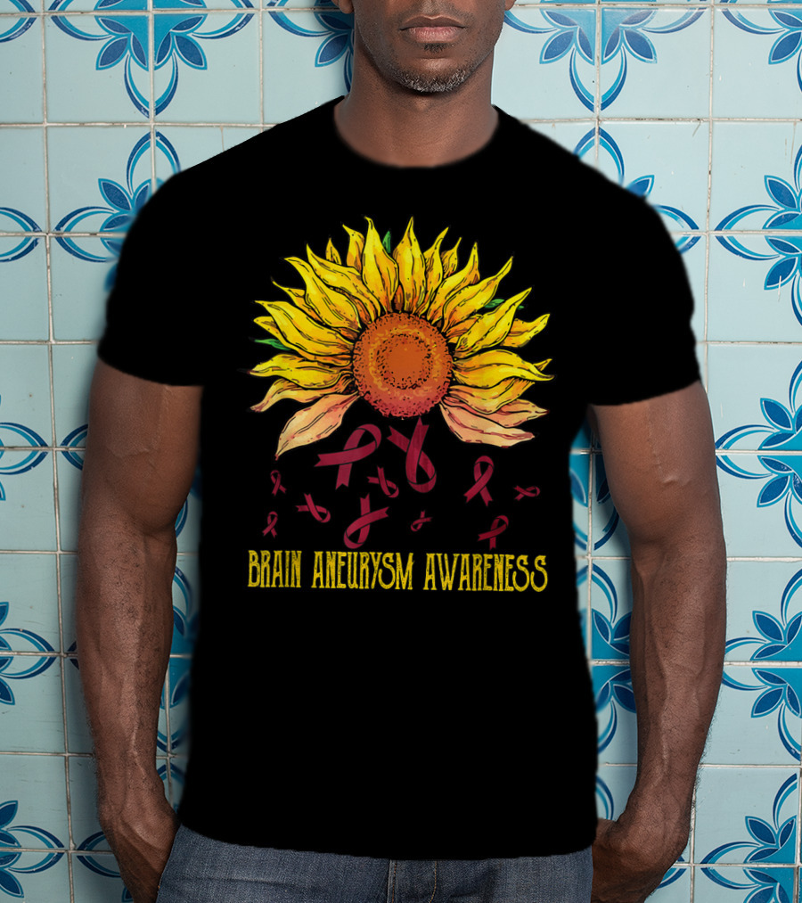 Brain Aneurysm Awareness Sunflower With Yellow Sunflower And Red Ribbons T-Shirt