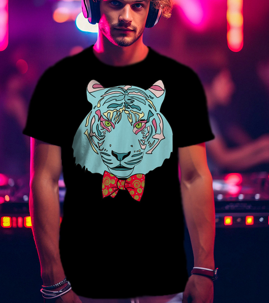 Colorful Tiger Head With Spiraled Bow Tie T-Shirt