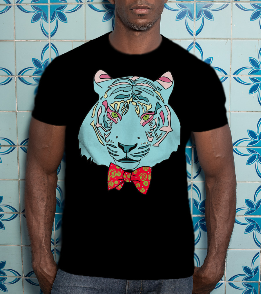 Colorful Tiger Head With Spiraled Bow Tie T-Shirt