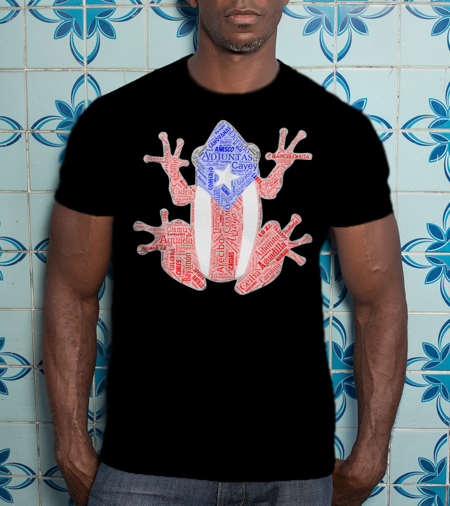 Coqui Taino Puerto Rico Cities Boricua Flag Adjuntas Aguadilla Arecibo Barceloneta Caguas Cayey Ceiba Cidra Coamo Guayama Manati Morovis Yauco T-Shirt