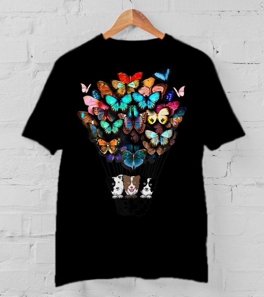 Cute Border Collie Dogs In Hot Air Balloon With Colorful Butterflies T-Shirt