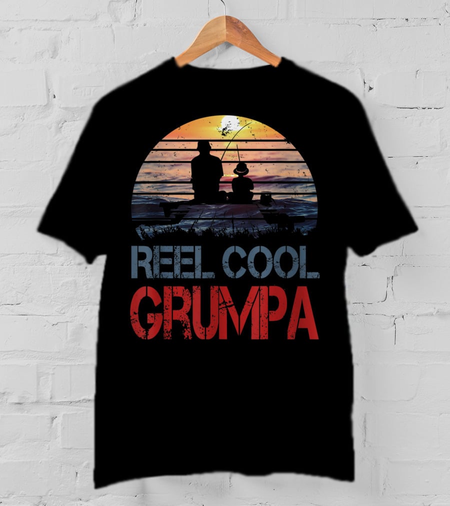 Father's Day Reel Cool Grumpa Fishing Silhouette With Sunset Background T-Shirt