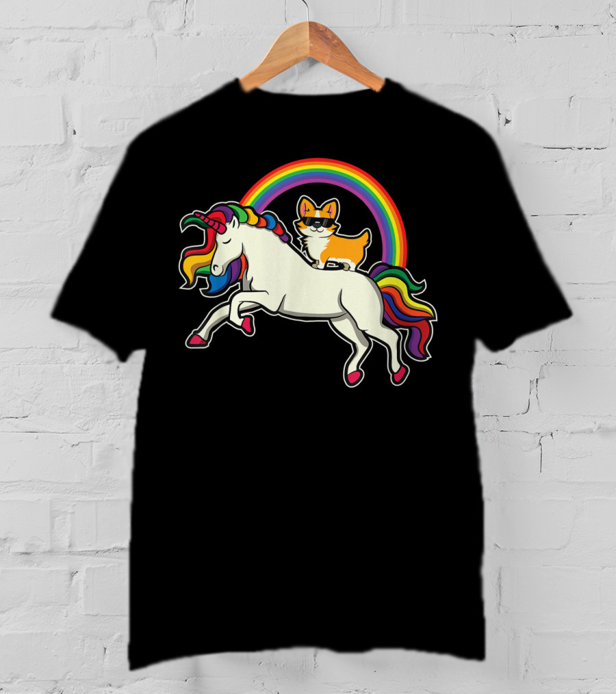 Funny Corgi Riding Rainbow Unicorn Puppy For Dog Lovers T-Shirt