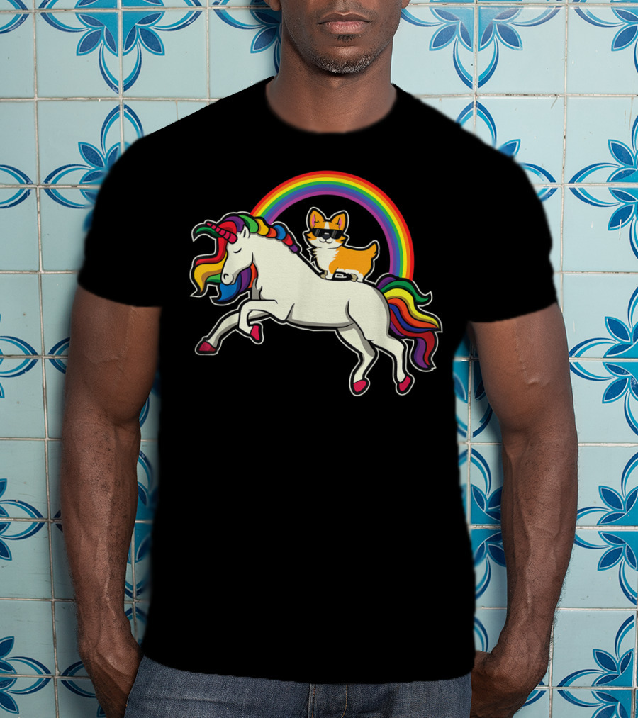 Funny Corgi Riding Rainbow Unicorn Puppy For Dog Lovers T-Shirt