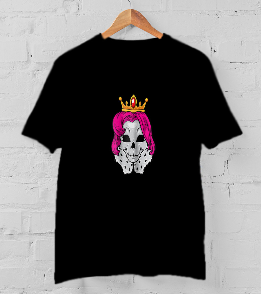 Bright Pink-Haired Skull Queen With Crown And Regal Cape T-Shirt