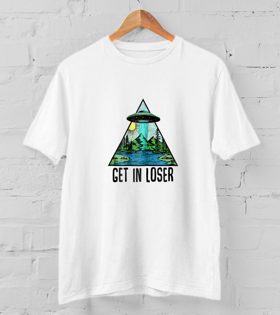 Get In Loser UFO Abduction Triangle With Forest And Lake Scene T-Shirt