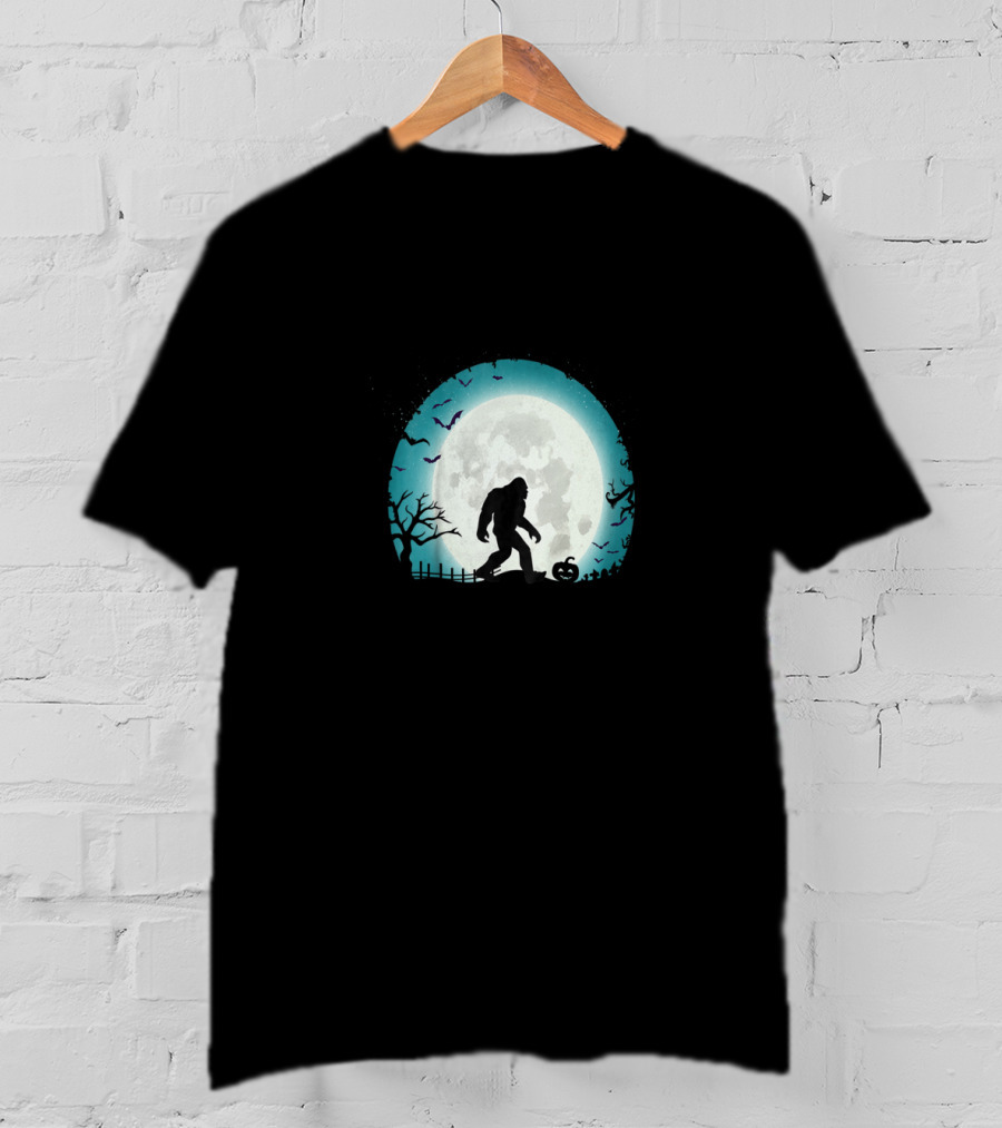 Halloween Bigfoot Silhouette With Full Moon And Bats Scene T-Shirt