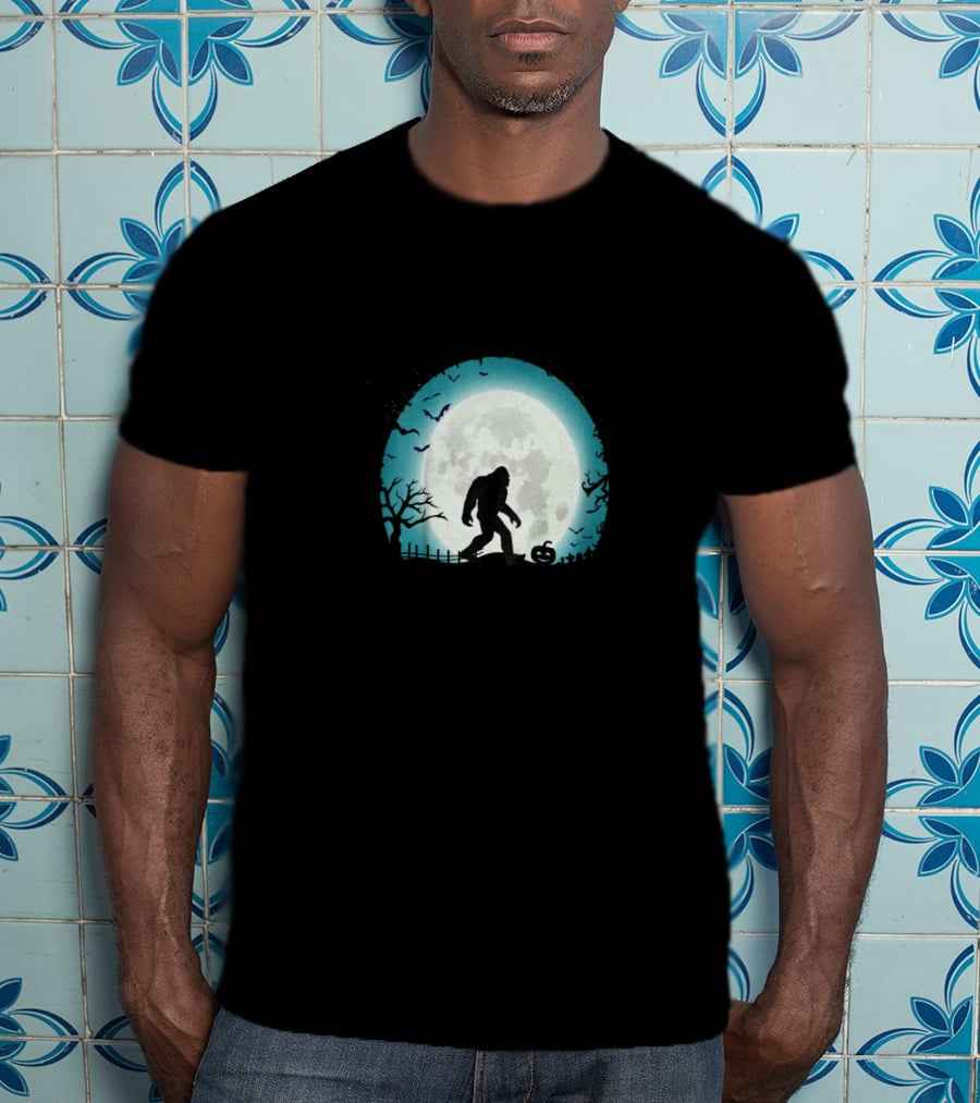 Halloween Bigfoot Silhouette With Full Moon And Bats Scene T-Shirt