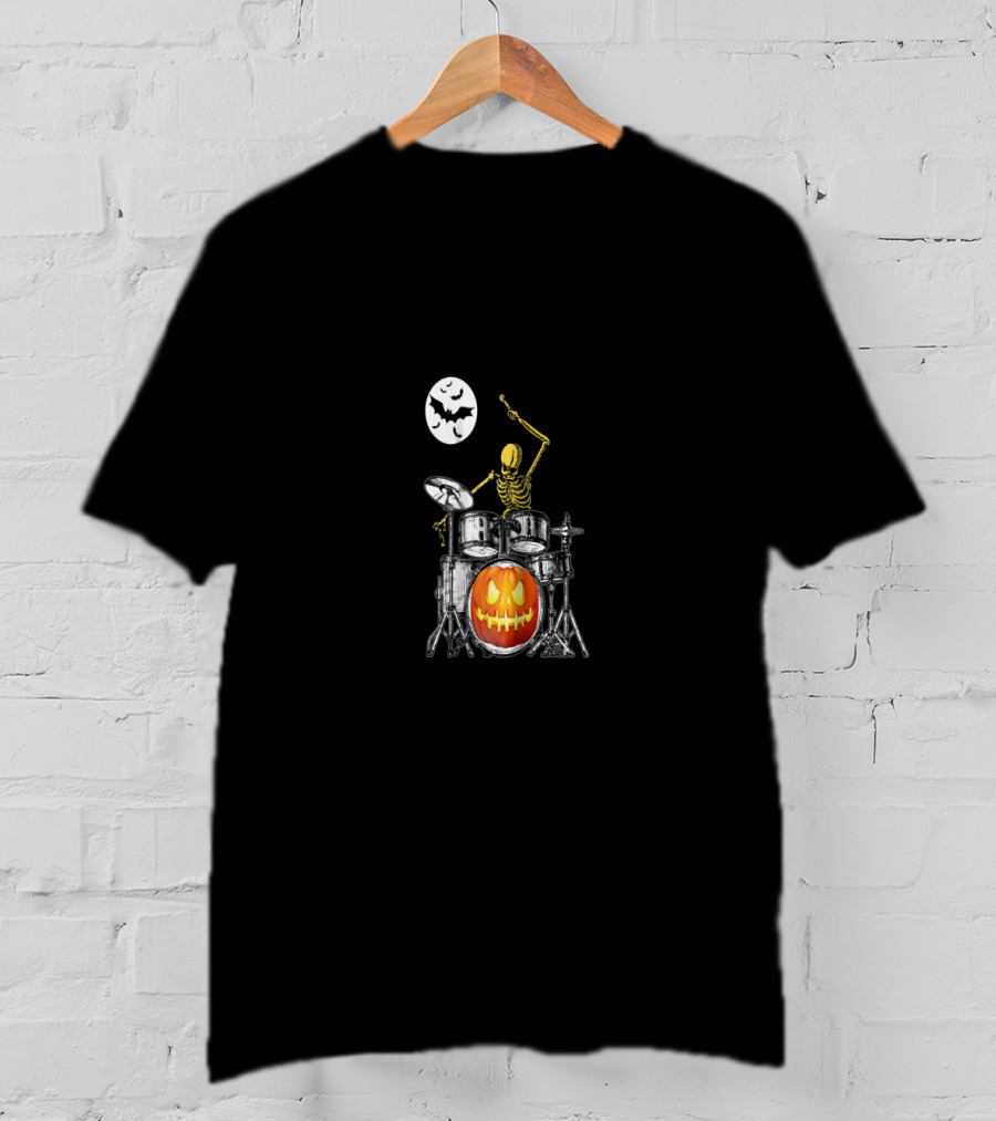 Skeleton Drummer With Jack-O'-Lantern Pumpkin Drum Under Full Moon With Bats T-Shirt