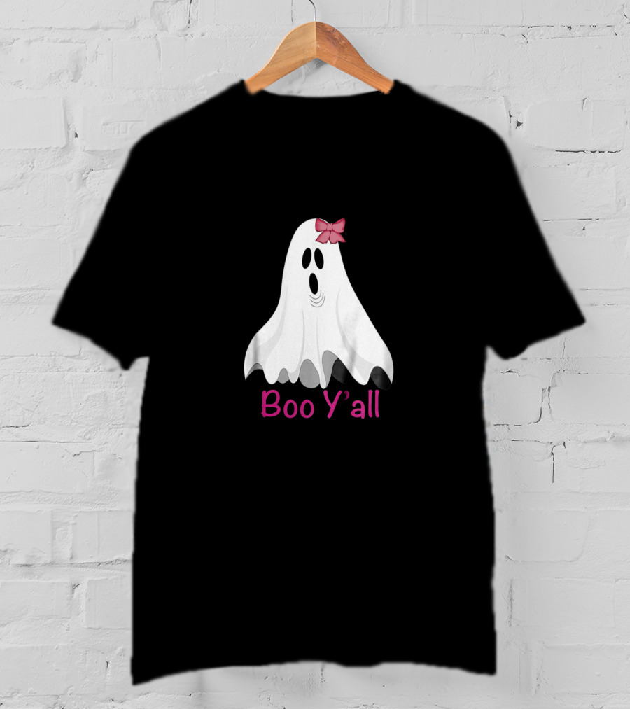 Boo Y'all Halloween Preppy Southern Ghost With Pink Bow T-Shirt