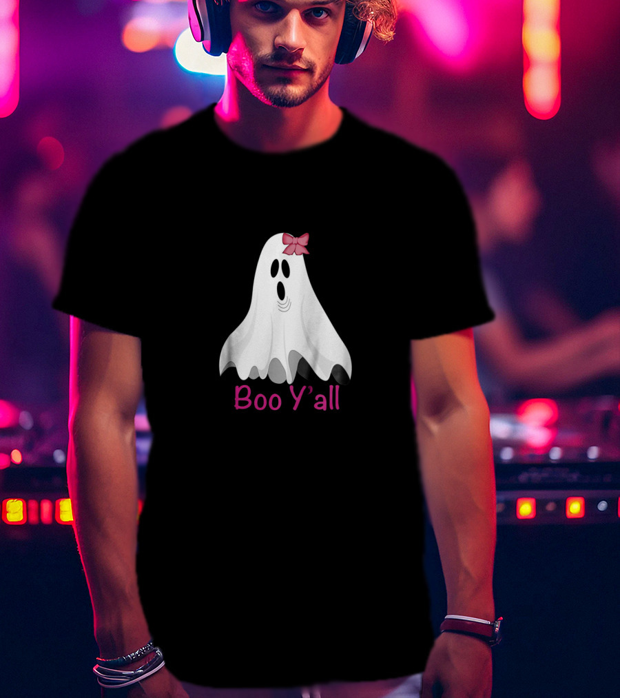 Boo Y'all Halloween Preppy Southern Ghost With Pink Bow T-Shirt
