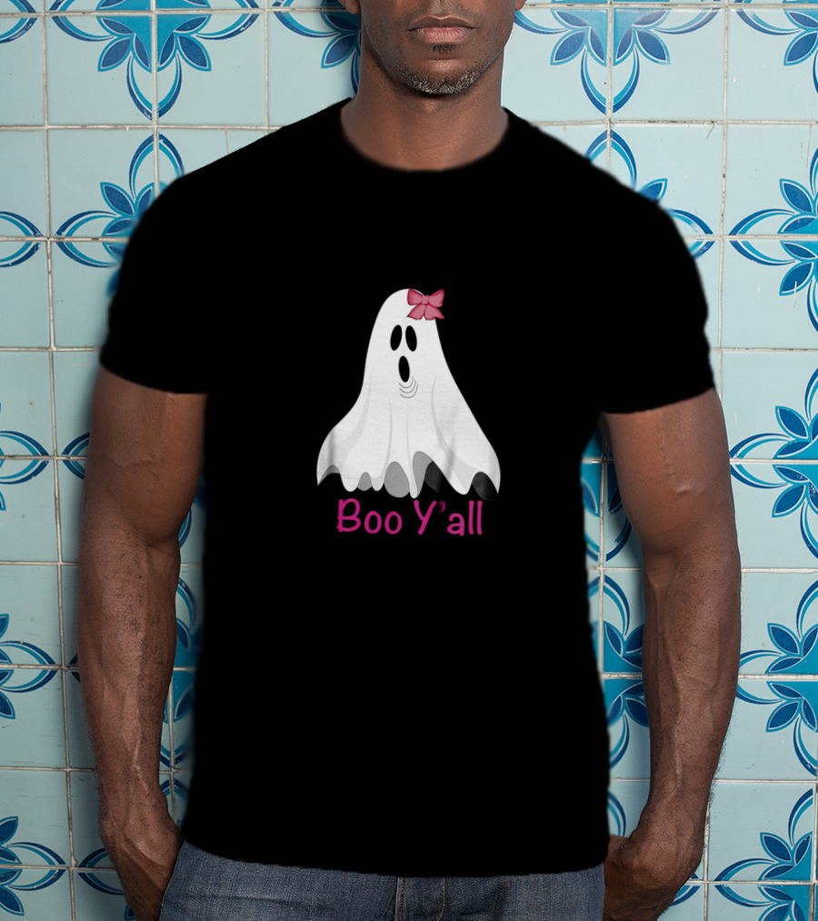 Boo Y'all Halloween Preppy Southern Ghost With Pink Bow T-Shirt