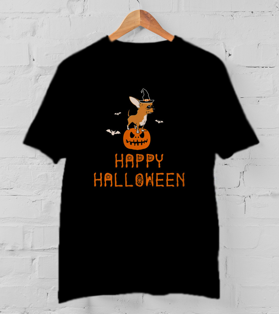 Chihuahua Dog On Pumpkin With Witch Hat And Bats Happy Halloween T-Shirt