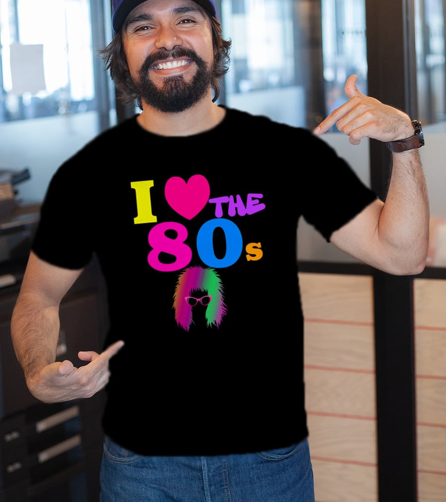 I Love The 80s Neon Heart With Punk Rocker Hair And Sunglasses T-Shirt