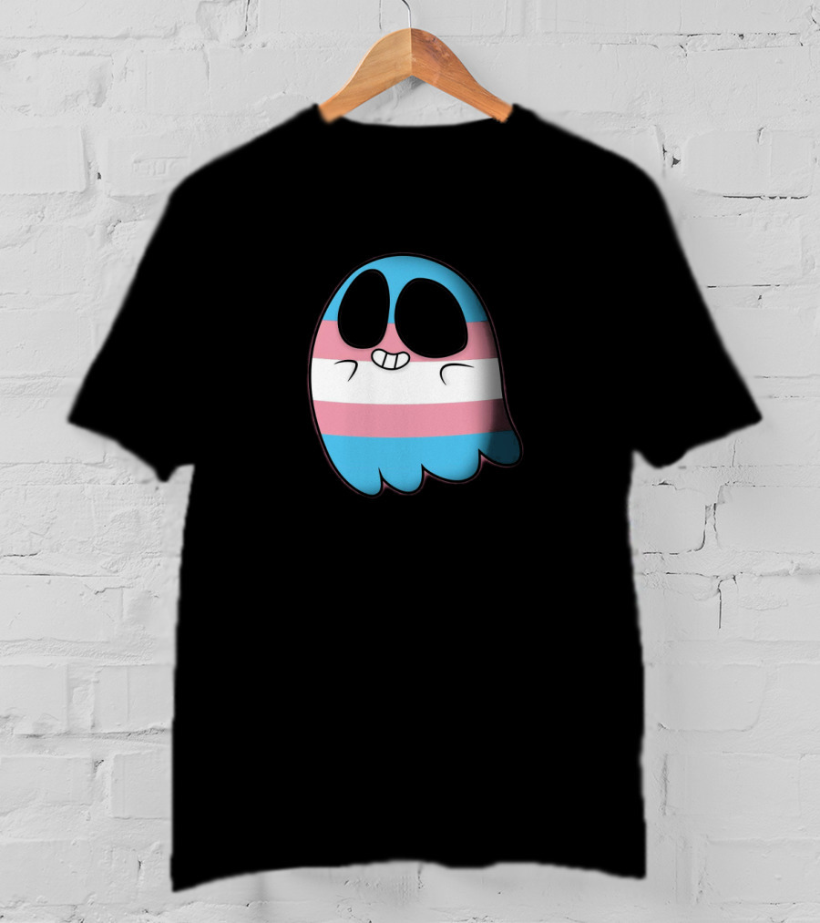 Cute Happy Ghost With Transgender Pride Flag Stripes T-Shirt