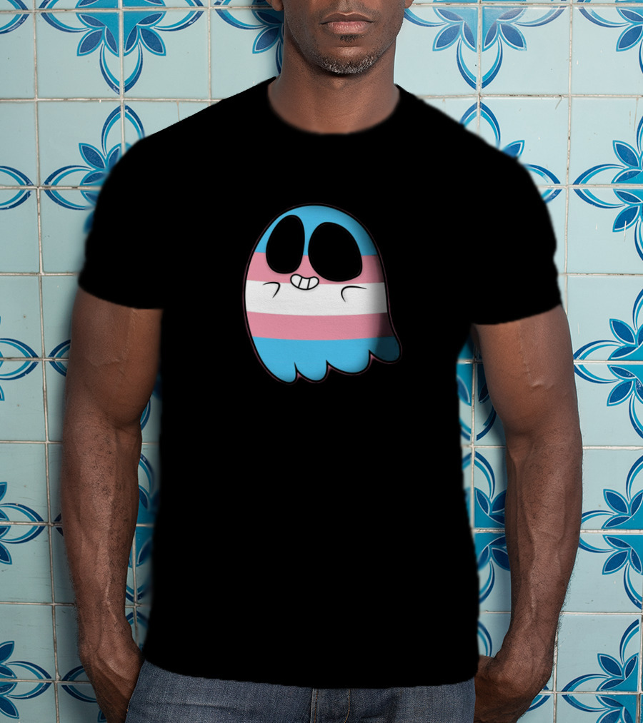 Cute Happy Ghost With Transgender Pride Flag Stripes T-Shirt