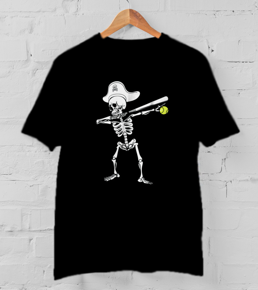 Dabbing Skeleton Holding Softball And Bat With Pirate Hat T-Shirt