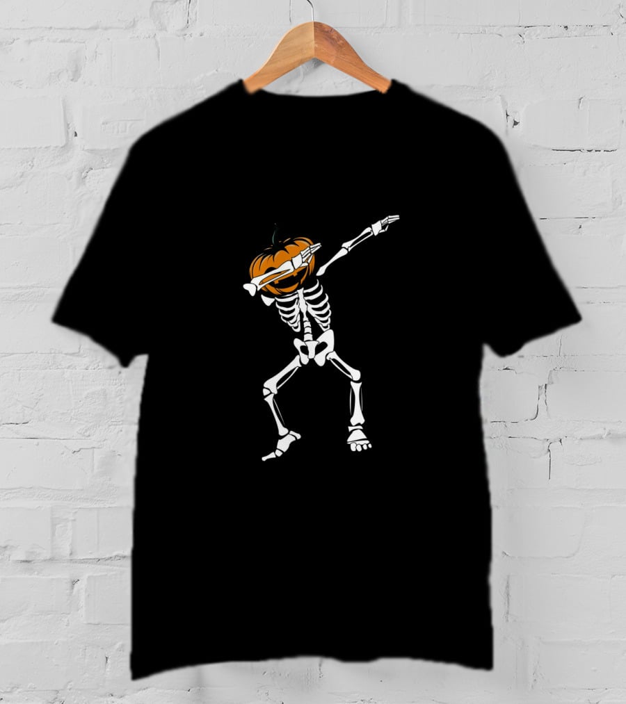 Funny Halloween Dabbing Skeleton With Pumpkin Head Dab T-Shirt