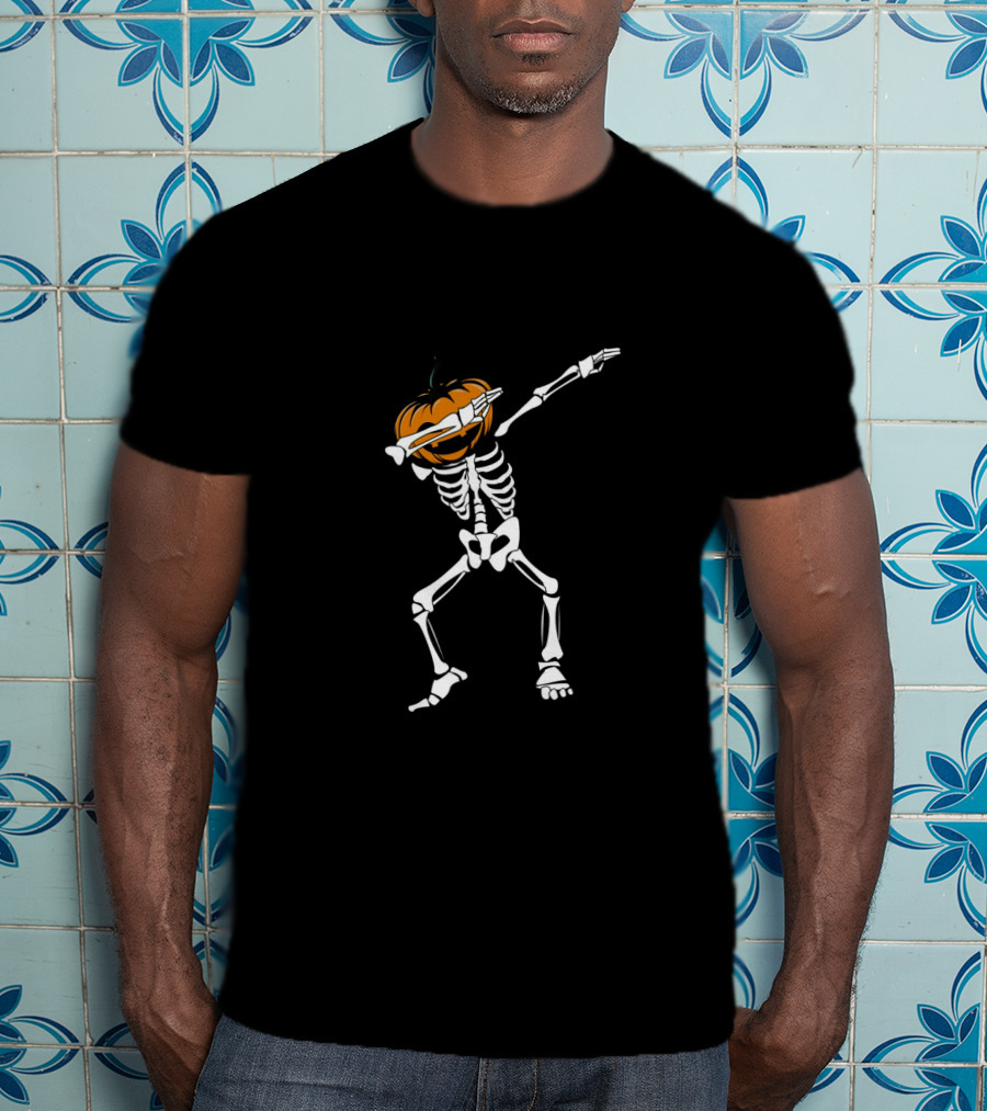 Funny Halloween Dabbing Skeleton With Pumpkin Head Dab T-Shirt