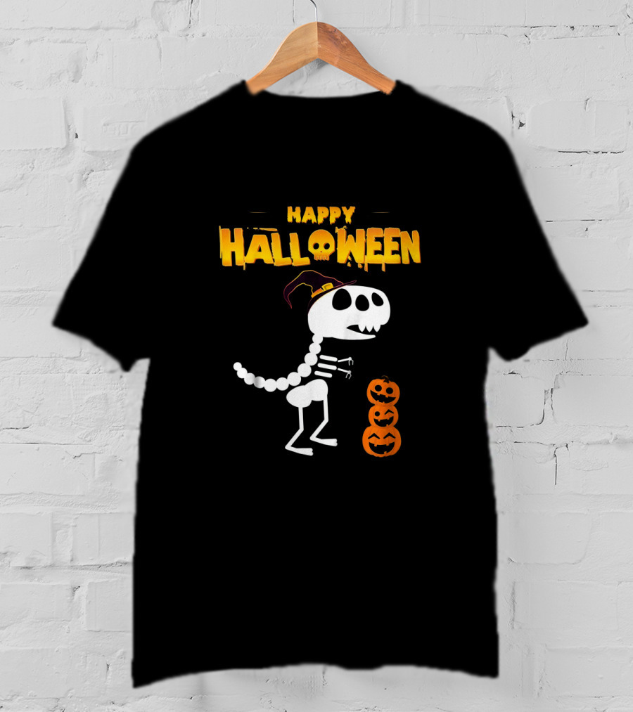 Happy Halloween Skeleton Dinosaur With Pumpkin Stack T-Shirt