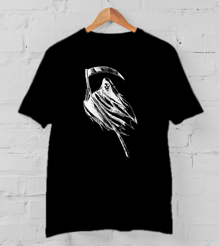 Grim Reaper Holding Scythe With Skull-Faced Cloak T-Shirt
