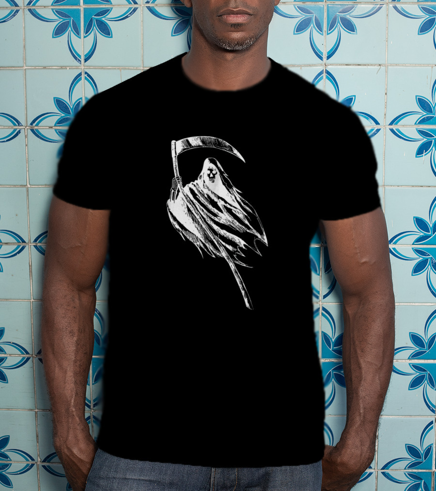 Grim Reaper Holding Scythe With Skull-Faced Cloak T-Shirt