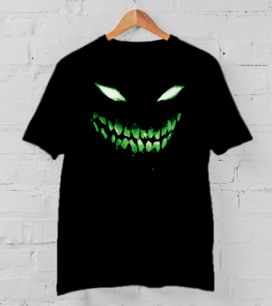 Halloween Dark Green Scary Face Glowing Eyes And Teeth T-Shirt