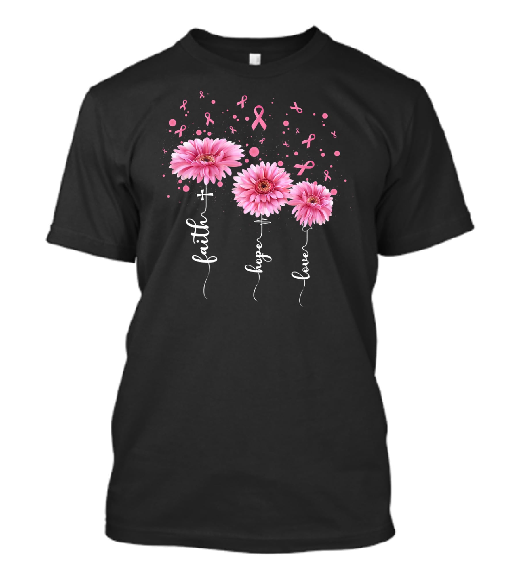 Faith Hope Love Pink Daisy Flowers Breast Cancer Awareness T-Shirt