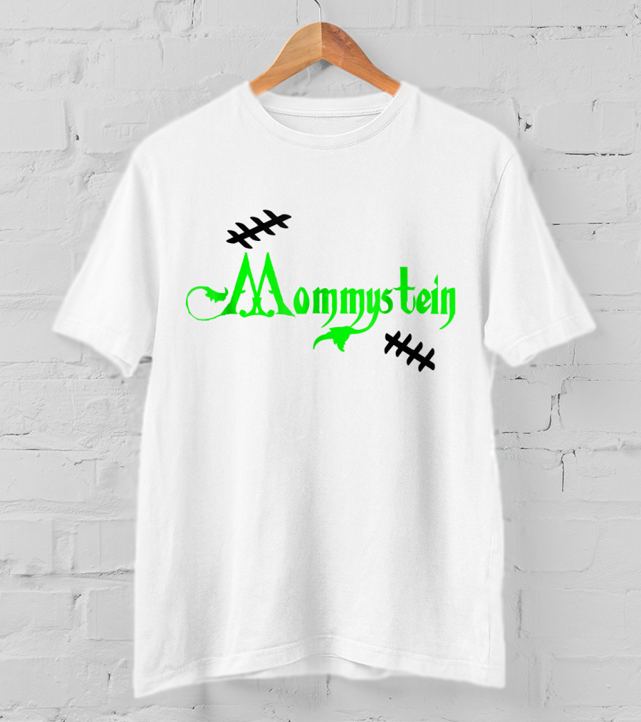 Mommystein Frankenstein Inspired Green And Black Stitched Text T-Shirt
