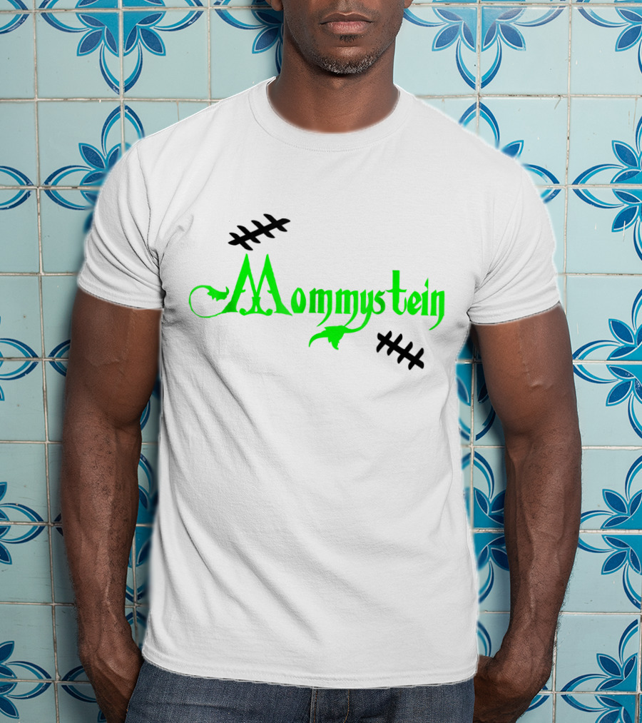 Mommystein Frankenstein Inspired Green And Black Stitched Text T-Shirt