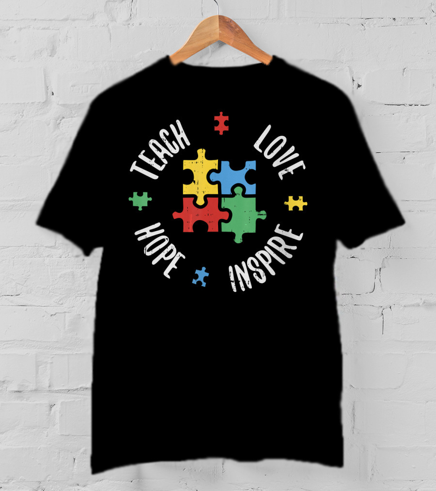Teach Love Hope Inspire Autism Teacher Special Ed Puzzle Pieces T-Shirt