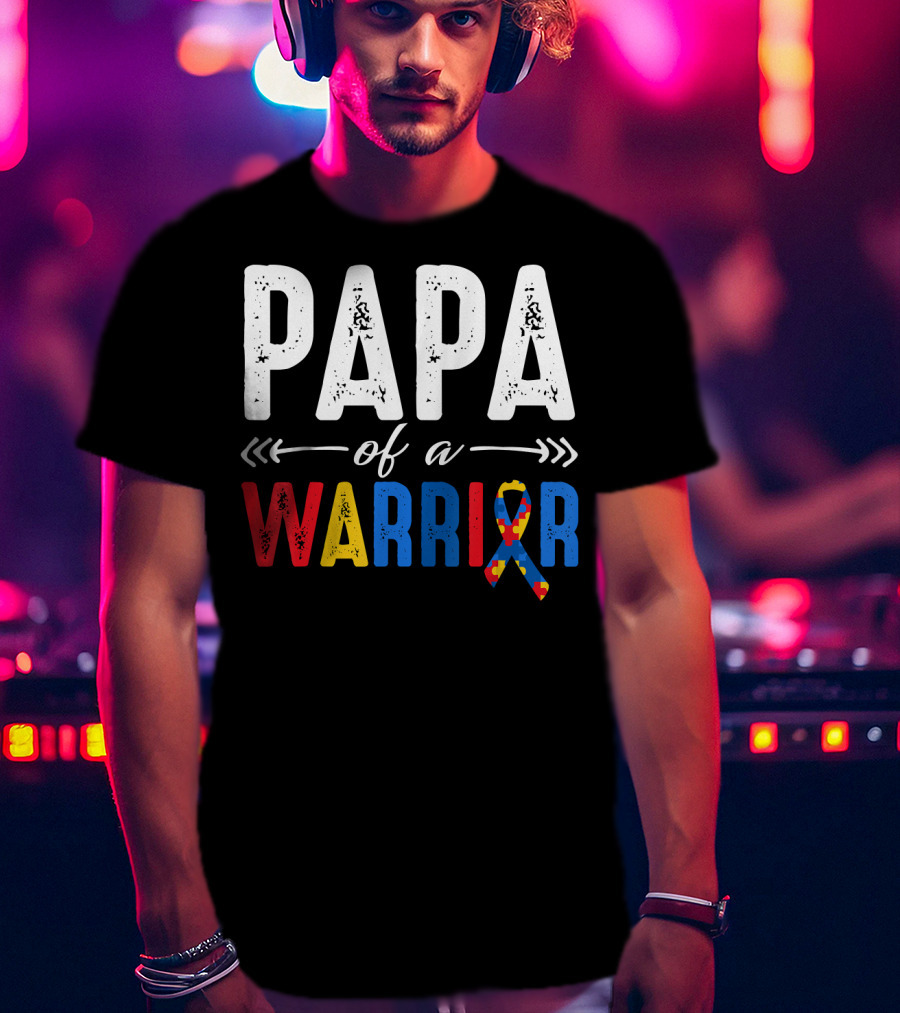 Papa Of A Warrior Autism Awareness Grandpa Colorful Puzzle T-Shirt