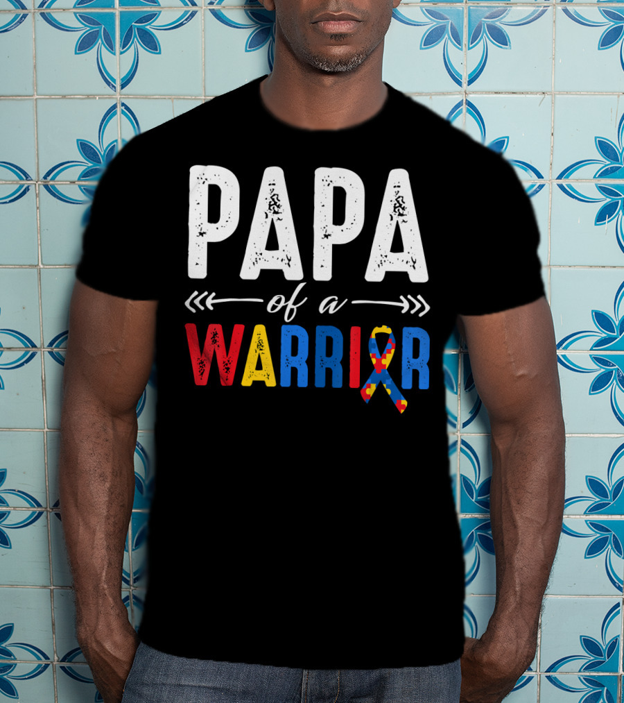 Papa Of A Warrior Autism Awareness Grandpa Colorful Puzzle T-Shirt