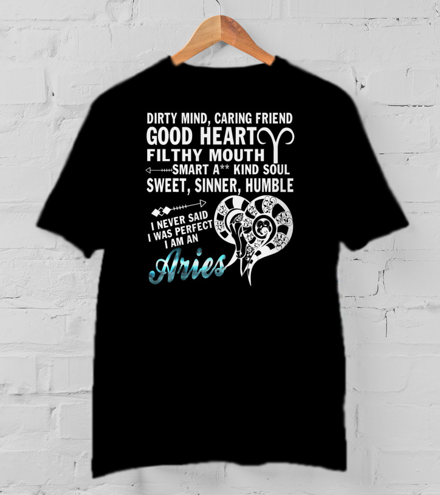 Dirty Mind Caring Friend Good Heart Filthy Mouth Smart Kind Soul Sweet Sinner Humble I Never Said I Was Perfect I Am An Aries T-Shirt
