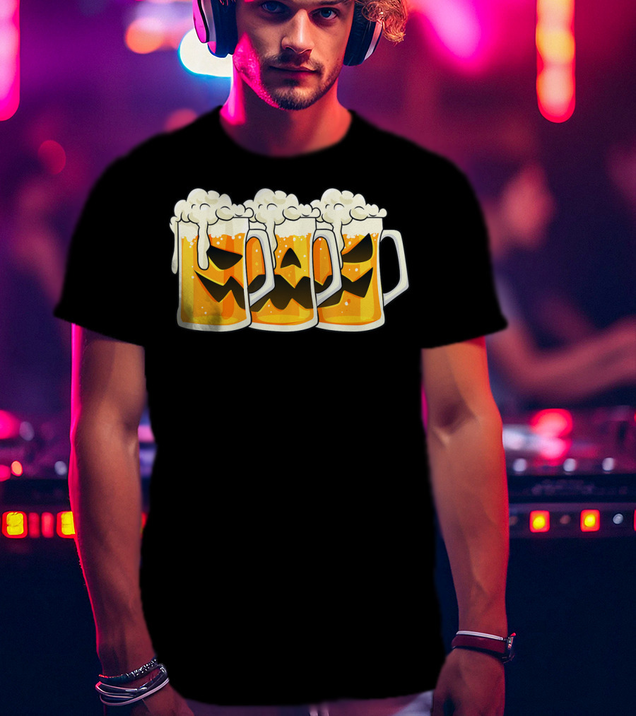 Halloween Jack O Lantern Beer Mug Faces T-Shirt