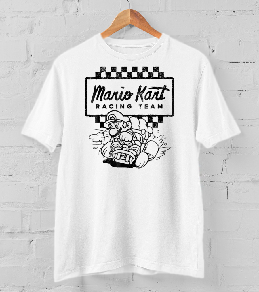 Mario Kart Racing Team Outlined Mario Drift Checkered Flag T-Shirt