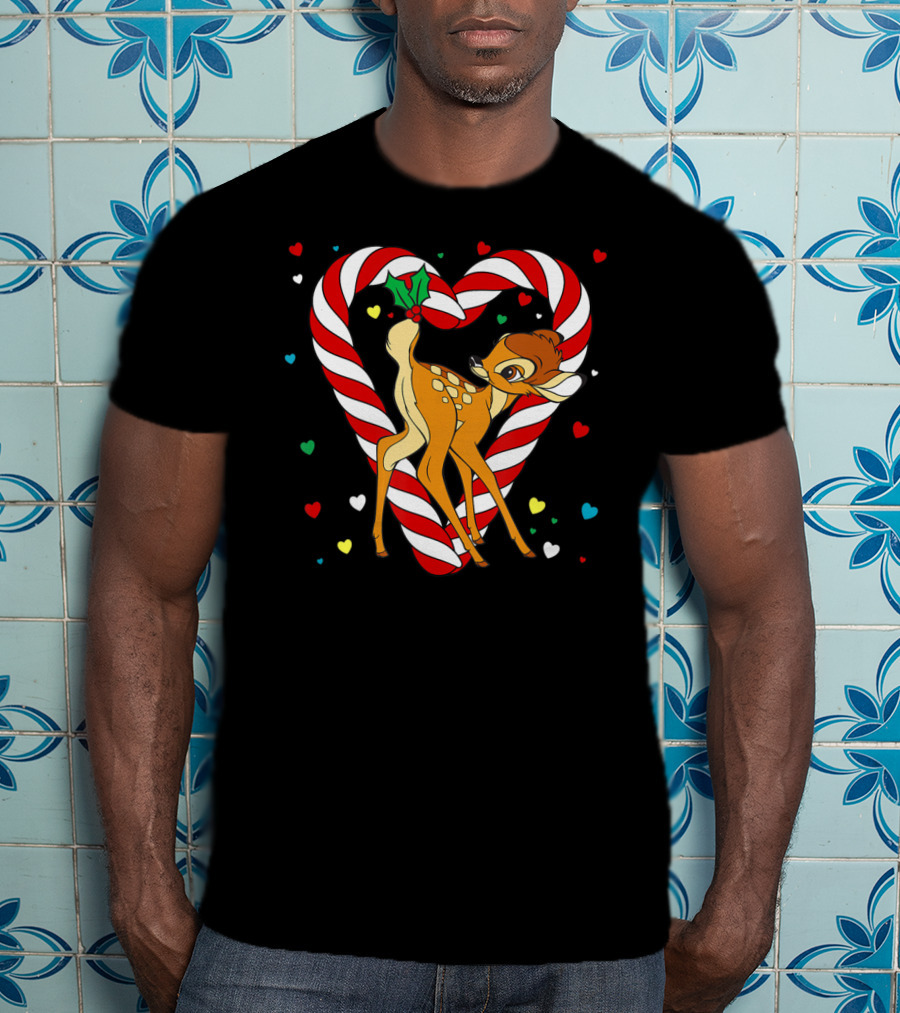 Disney Bambi Candy Cane Heart With Colorful Hearts T-Shirt