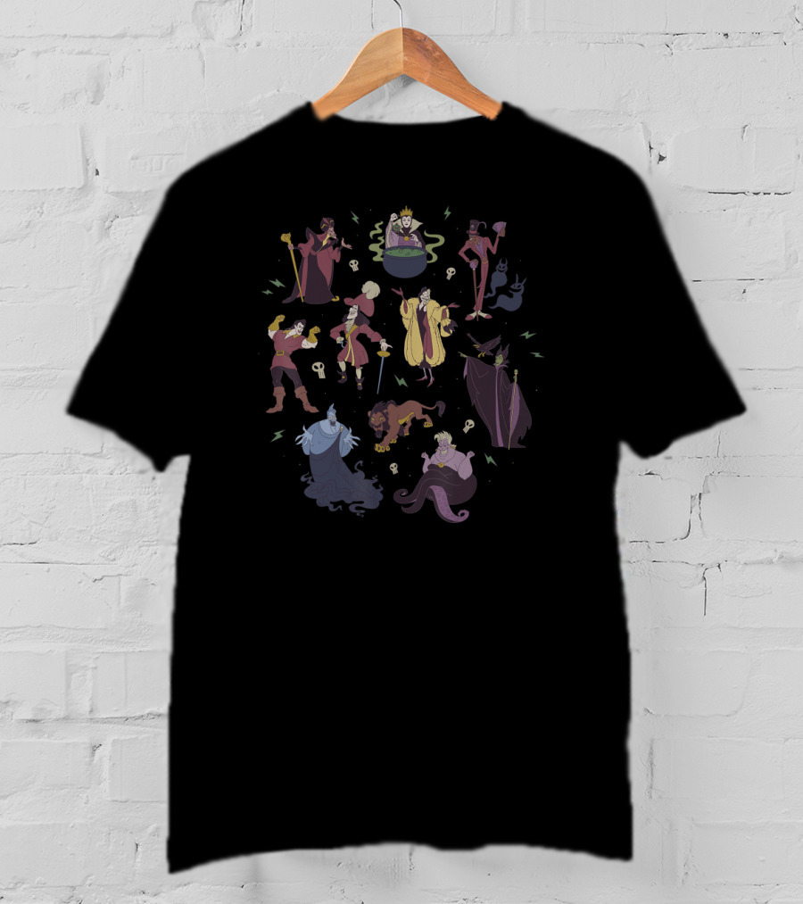 Disney Villains Group Shot Iconic Characters Doodles T-Shirt