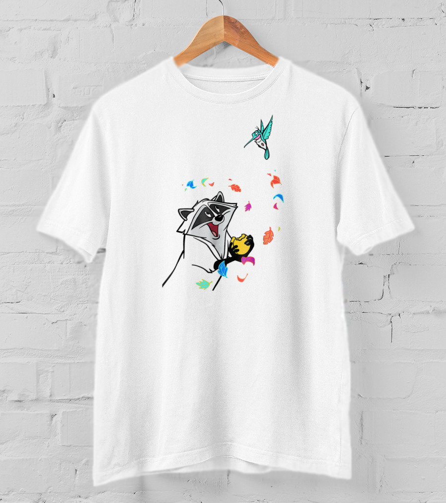 Disney Pocahontas Meeko Flit Colorful Leaves Fall Playful Autumn Scene T-Shirt